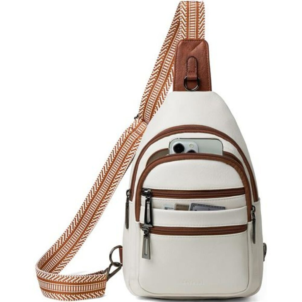 Vegan Leather Sling Crossbody Bag Anti Theft Fanny Pack Travel Purse Beige